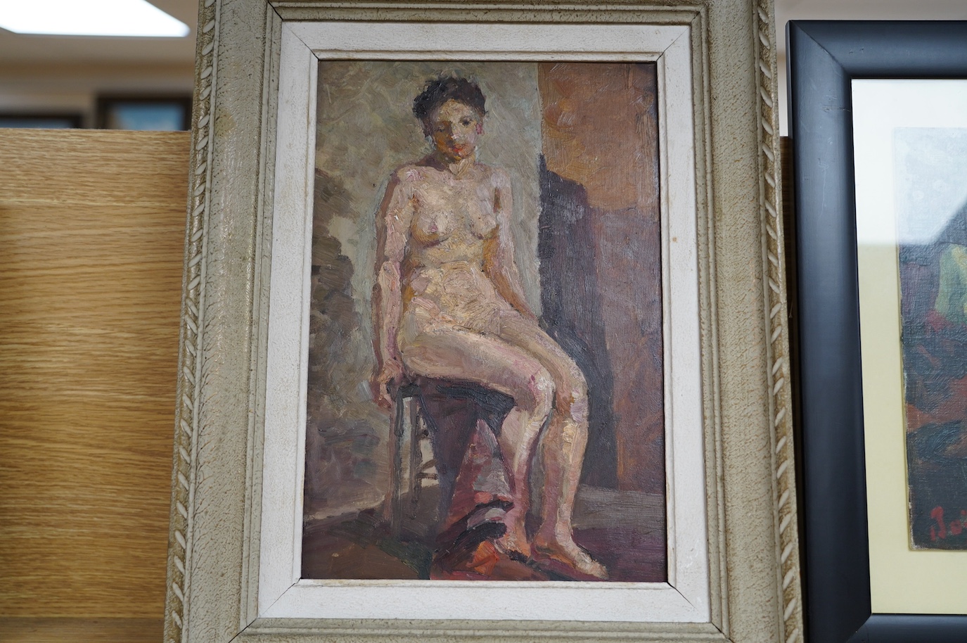 20th century French School, oil on board, Study of a nude lady and another, indistinctly signed, largest 34 x 22cm. Condition - good